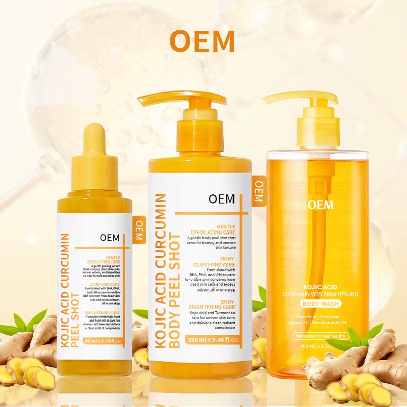 Wholesale 2 in 1 Face/Body Peel Shot Set Kojic Acid Curcumin Brightening Lightweight Natural Scent Exfoliating Body Wash PHA BHA