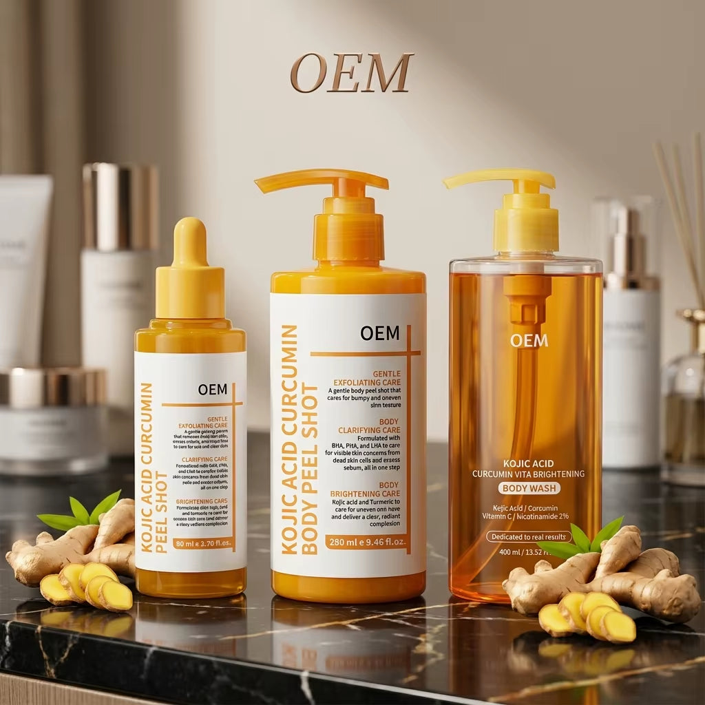 Wholesale 2 in 1 Face/Body Peel Shot Set Kojic Acid Curcumin Brightening Lightweight Natural Scent Exfoliating Body Wash PHA BHA