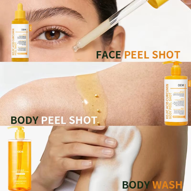 Wholesale 2 in 1 Face/Body Peel Shot Set Kojic Acid Curcumin Brightening Lightweight Natural Scent Exfoliating Body Wash PHA BHA