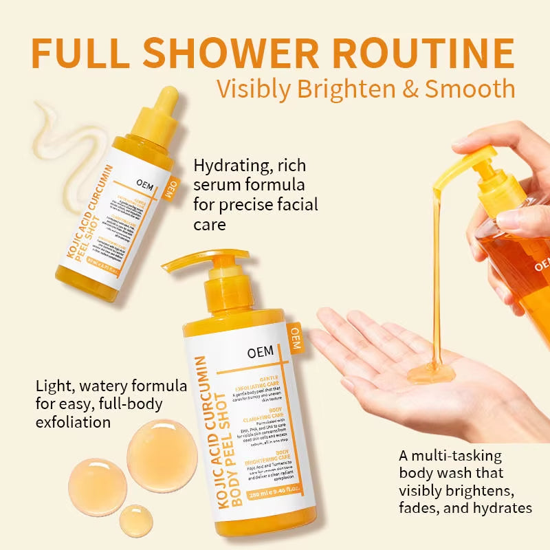 Wholesale 2 in 1 Face/Body Peel Shot Set Kojic Acid Curcumin Brightening Lightweight Natural Scent Exfoliating Body Wash PHA BHA